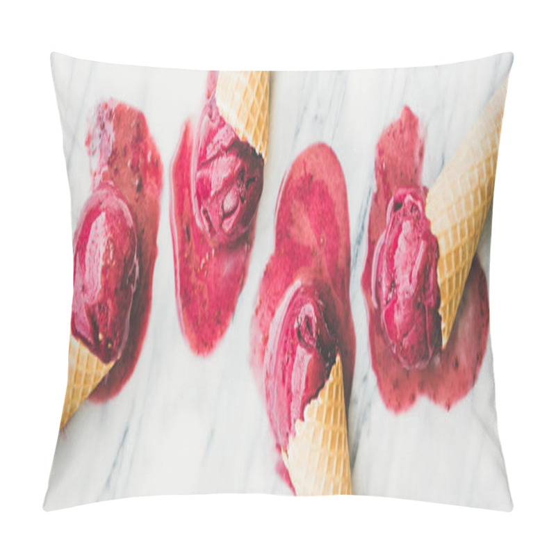 Personality  Fresh Summer Dessert. Red Melting Natural Raspberry Sorbet Ice-cream Scoops In Sweet Waffle Cones Over Light Marble Background Pillow Covers