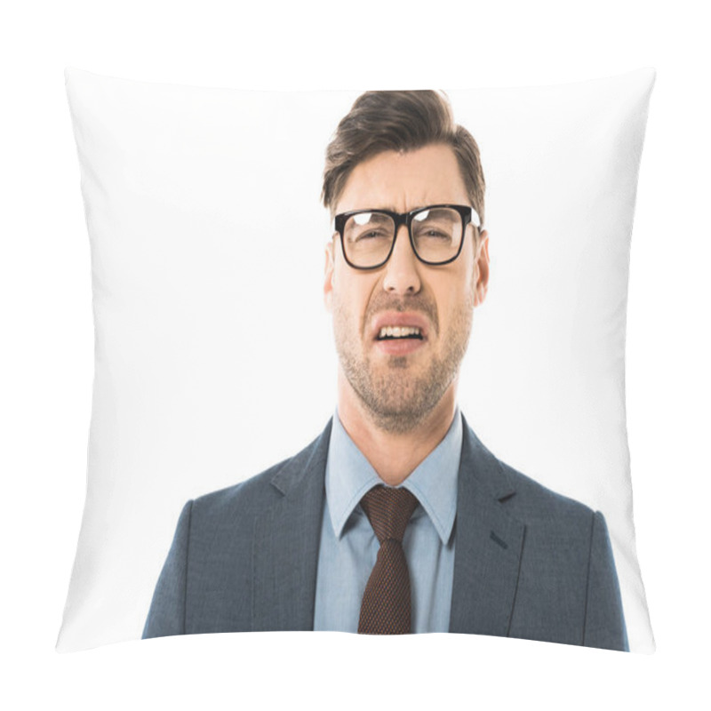 Personality  Stressed Businessman With Sad Face Expression Isolated On White Pillow Covers