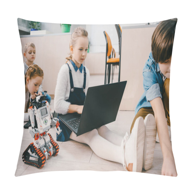 Personality  Kids Programming Robot While Sitting On Floor At Stem Education Class Pillow Covers