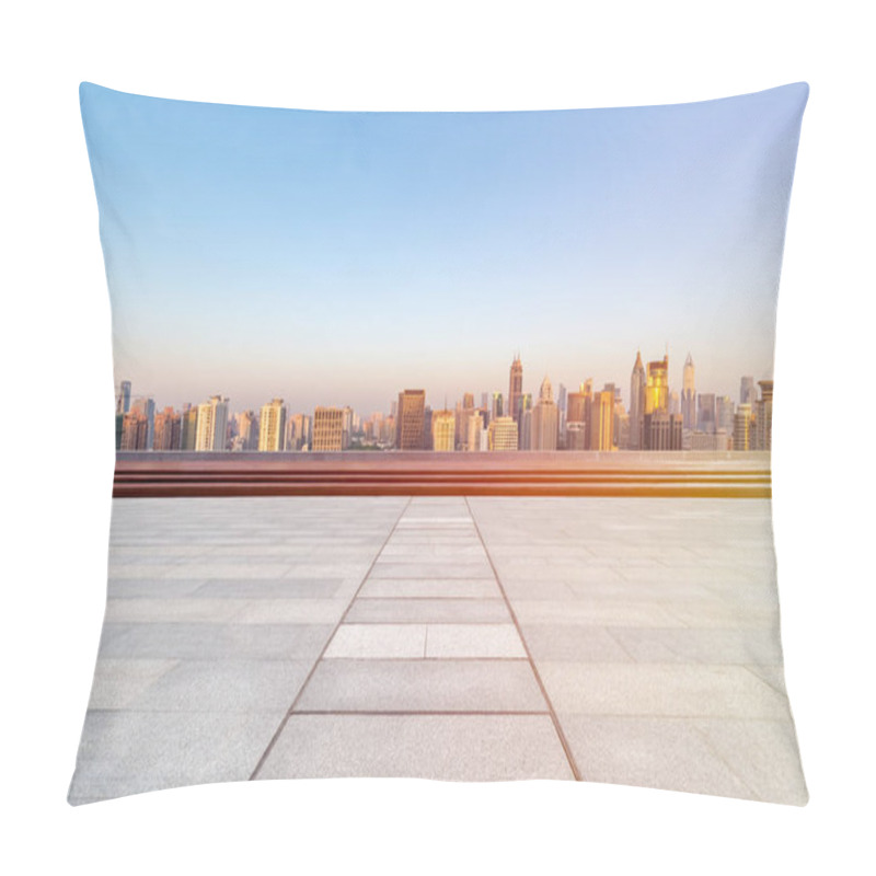 Personality  Empty Brick Floor With Skyline And Buildings In Sunrise, Warm Spread Sunshine All Over The City Pillow Covers