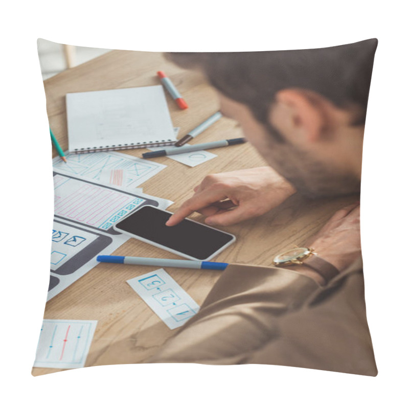 Personality  Selective Focus Of Creative Designer Using Smartphone By Web Sketches And Layouts On Table  Pillow Covers