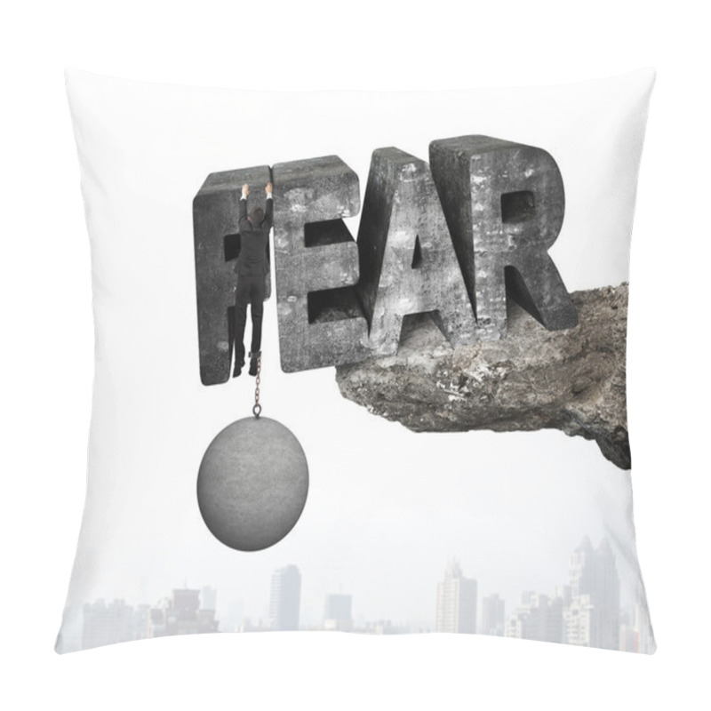 Personality  Man Shackled By Ball Hanging Fear Word Edge Cliff Cityscape Pillow Covers