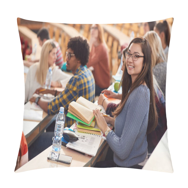 Personality  Happy Students Smiling On Lecture In Amphitheater Pillow Covers