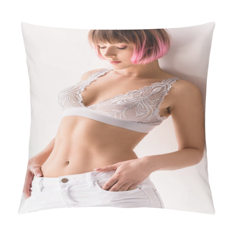 Personality  Woman In Lace Bralette And White Jeans Pillow Covers