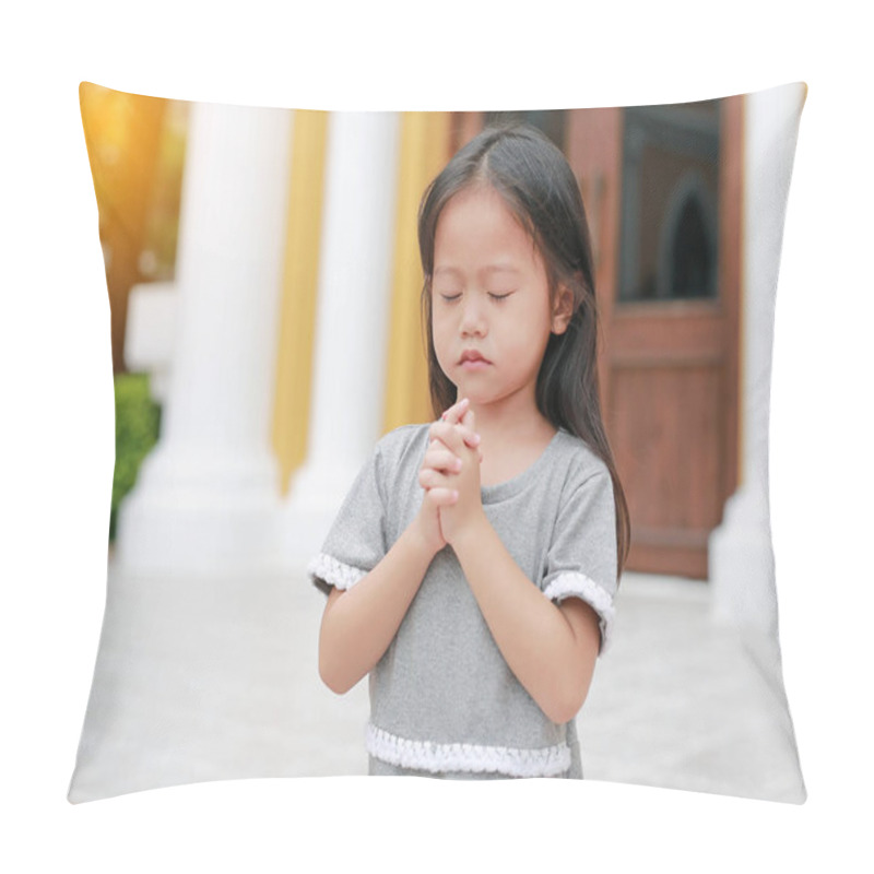 Personality  Little Asian Girl Stance Praying At The Church. Hands Folded In Prayer Concept For Faith, Spirituality And Religion. Pillow Covers