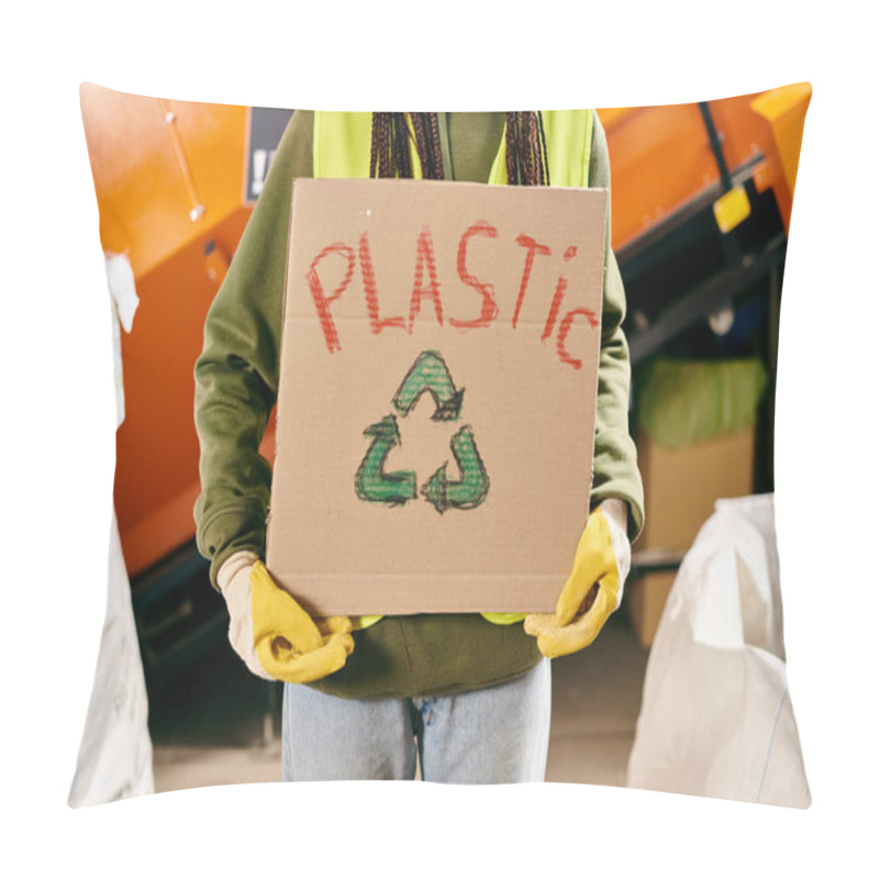 Personality  A Young Volunteer In Gloves And Safety Vest Holding A Cardboard Sign That Says Plastic. Pillow Covers