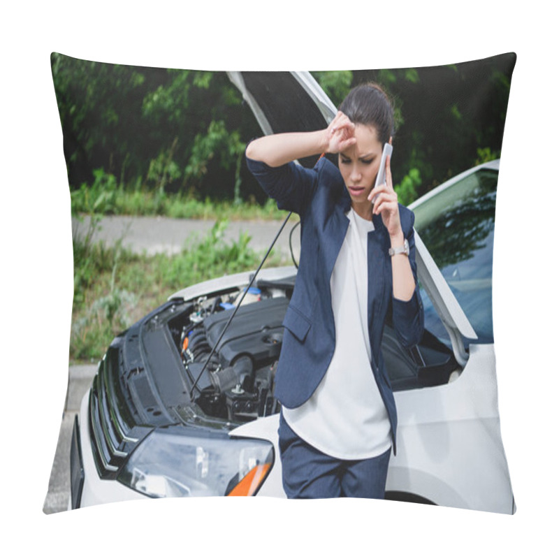 Personality  Tired Businesswoman Talking By Smartphone Near Broken Car With Open Hood Pillow Covers