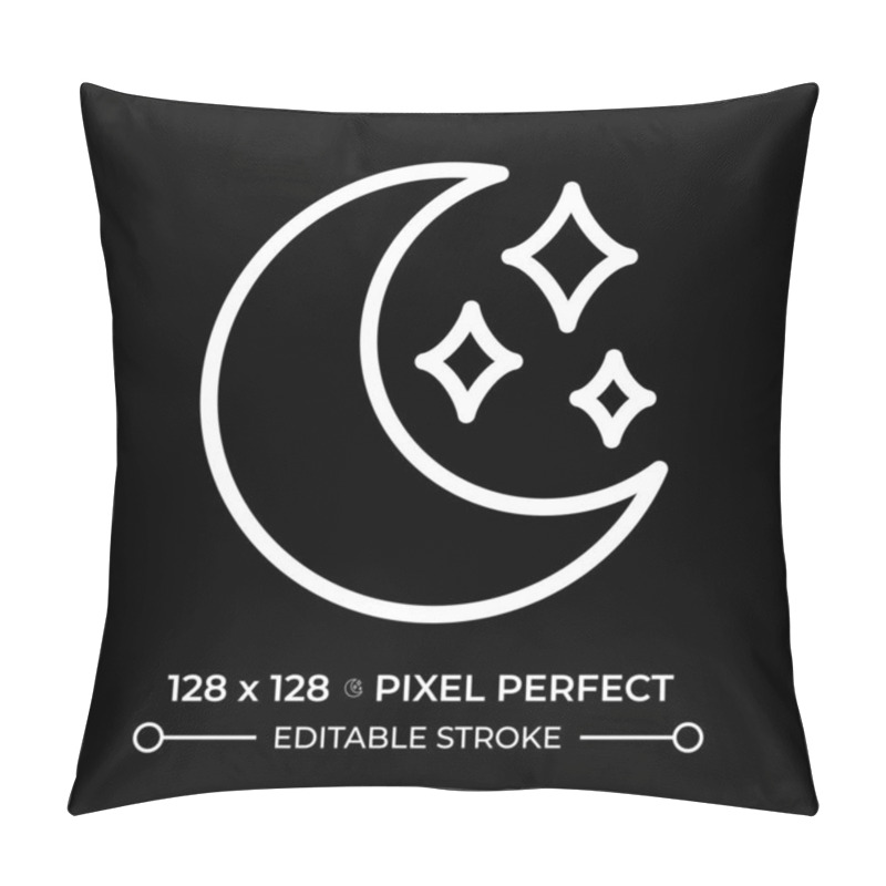 Personality  Moon White Linear Icon For Dark Theme. Crescent Moon Accompanied By Sparkling Stars. Symbol Of Nighttime, Calmness. Night Sky. Thin Line Illustration. Isolated Symbol For Night Mode. Editable Stroke Pillow Covers