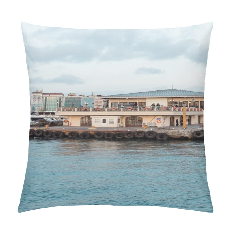 Personality  ISTANBUL, TURKEY - MAY 8, 2022: Black Life Buoys Around Boats And Pier Near Bosporus In Istanbul  Pillow Covers