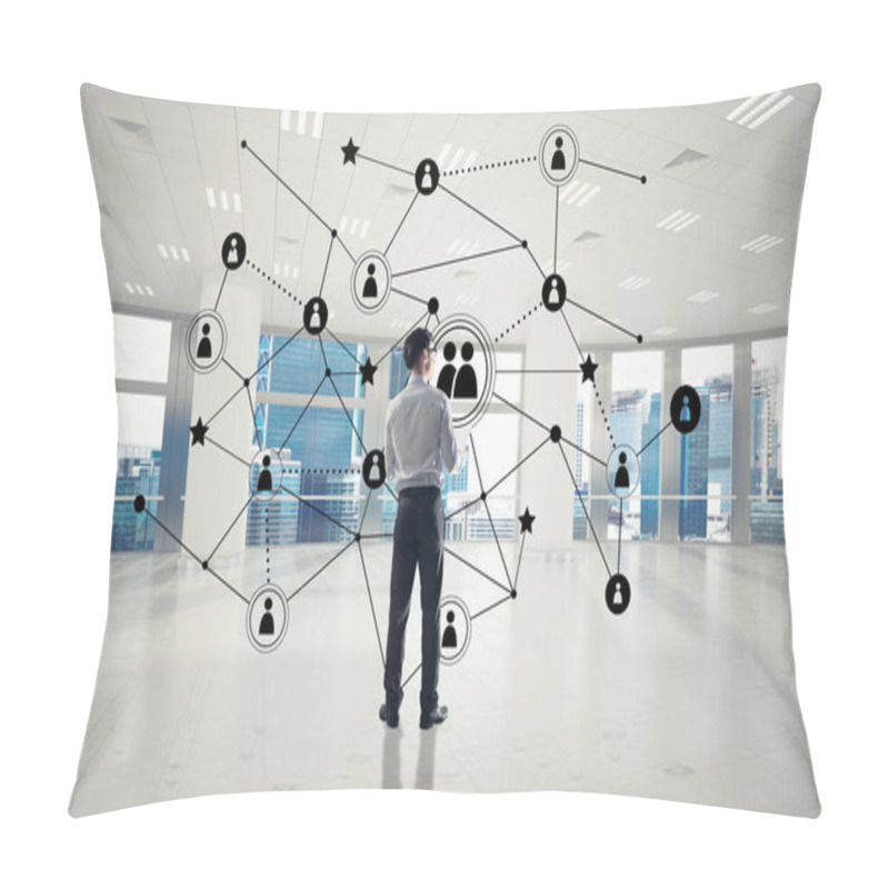 Personality  Elegant Businessman In 3D Office Interior And Social Connection Concept. Mixed Media Pillow Covers