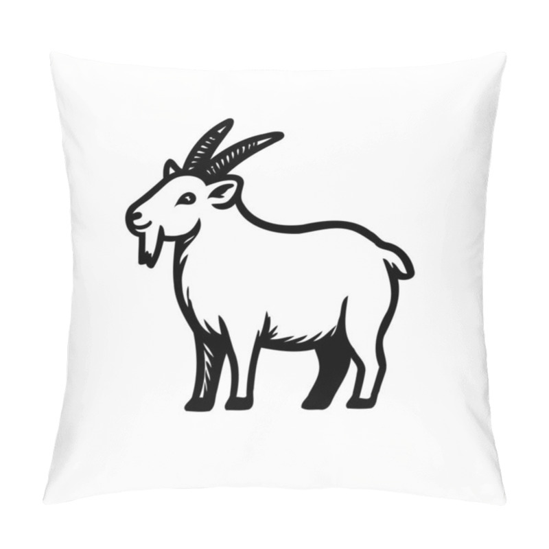 Personality  A Black And White Illustration Of A Goat With Horns, A Beard, And A Short Tail. The Goat Is Shown In Profile And Facing Left. Pillow Covers