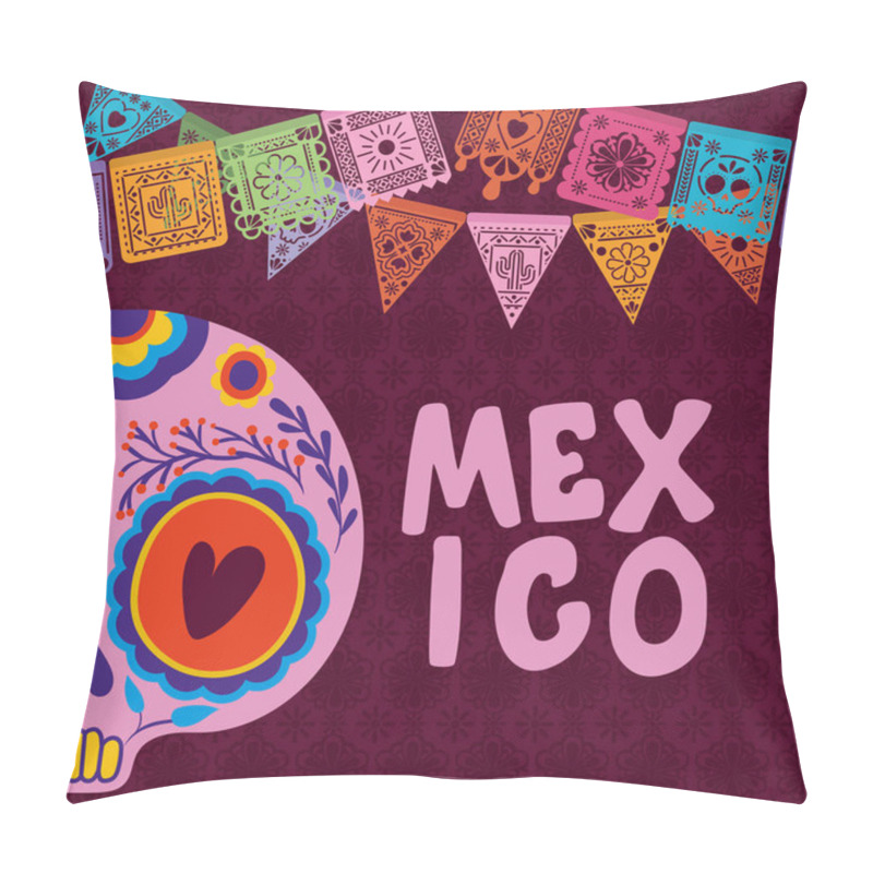 Personality  Mexican Skull With Banner Pennant On Purple Background Vector Design Pillow Covers