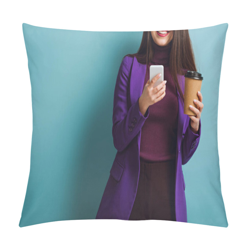 Personality  Cropped View Of Smiling Girl Chatting On Smartphone While Holding Coffee To Go On Blue Background Pillow Covers