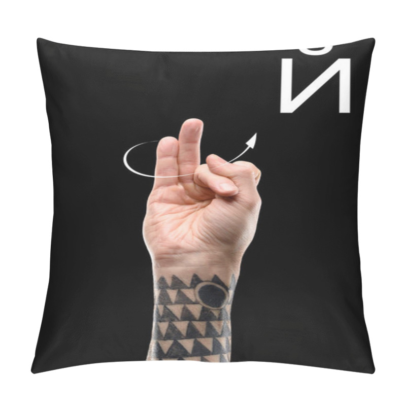 Personality  Tattooed Hand Showing Cyrillic Alphabet, Deaf And Dumb Language, Isolated On Black Pillow Covers