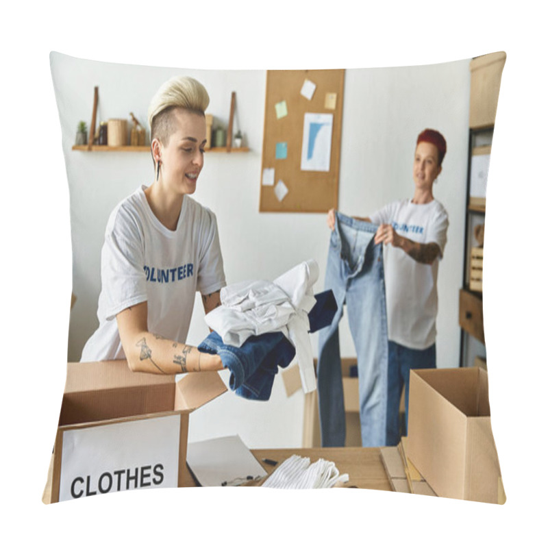 Personality  A Young Lesbian Couple, Wearing Volunteer T-shirts, Passionately Unpack Clothes Together In A Room. Pillow Covers