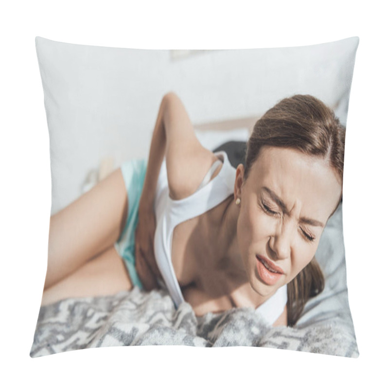 Personality  Stressed Woman Lying On Bed And Touching Belly With Closed Eyes Pillow Covers