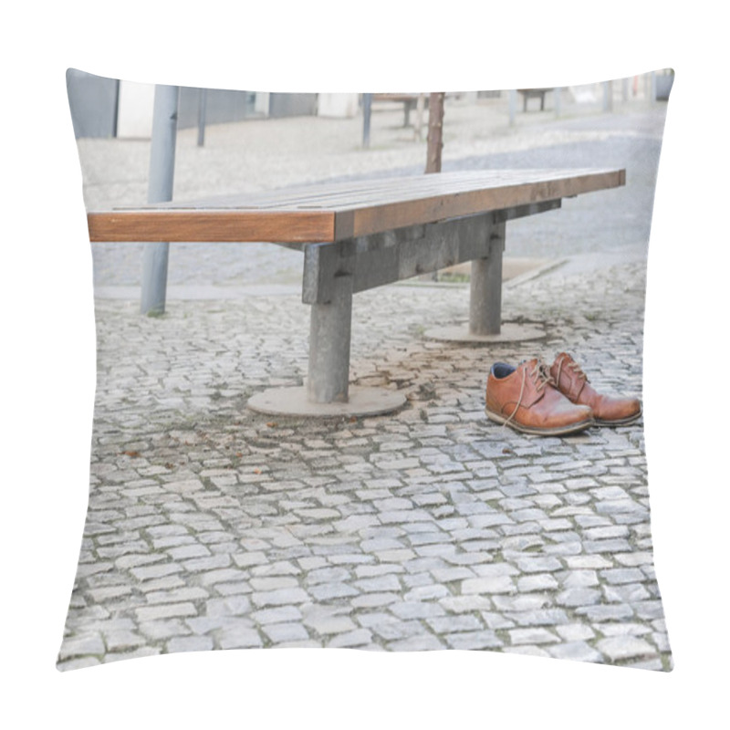 Personality  Brown Leather Shoes On A Cobblestone Pavement Next To A Bench In An Urban Setting. Pillow Covers