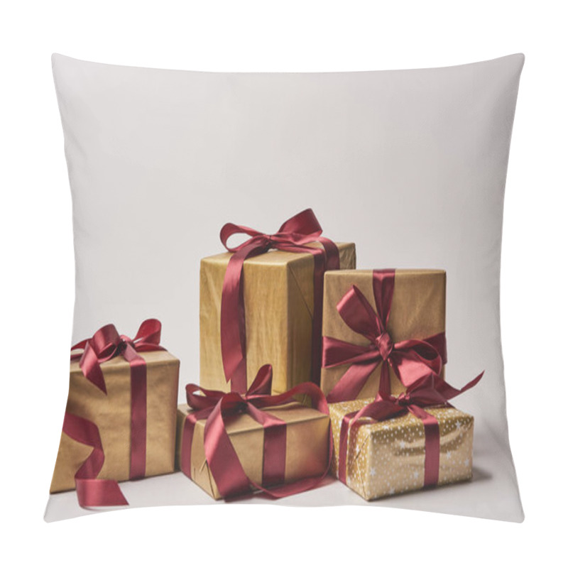 Personality  Christmas Gift Boxes With Burgundy Ribbons Isolated On White Pillow Covers