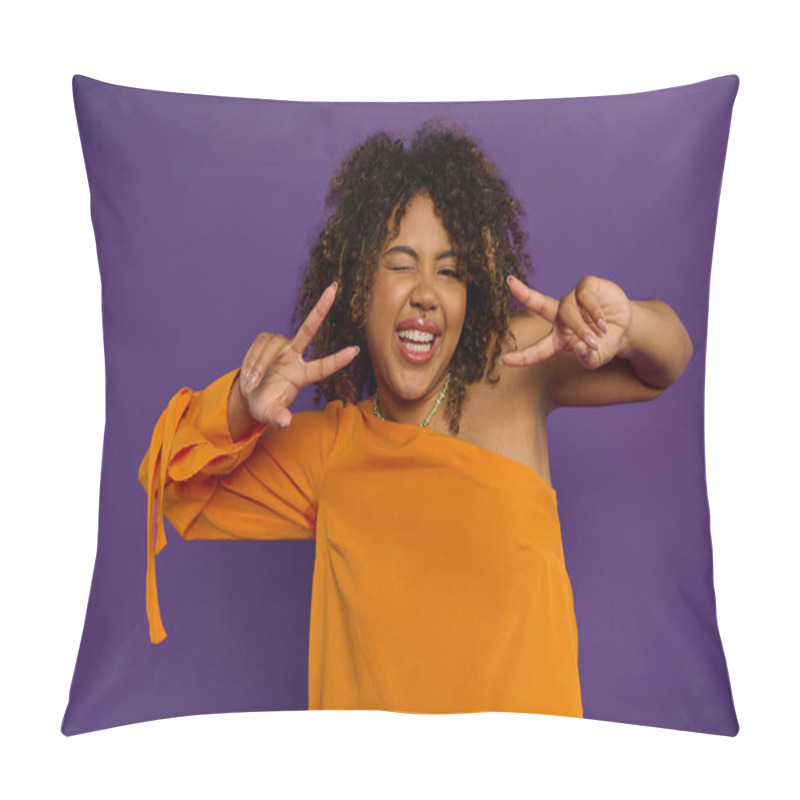 Personality  African American Woman In Orange Top Strikes A Peace Sign Gesture. Pillow Covers