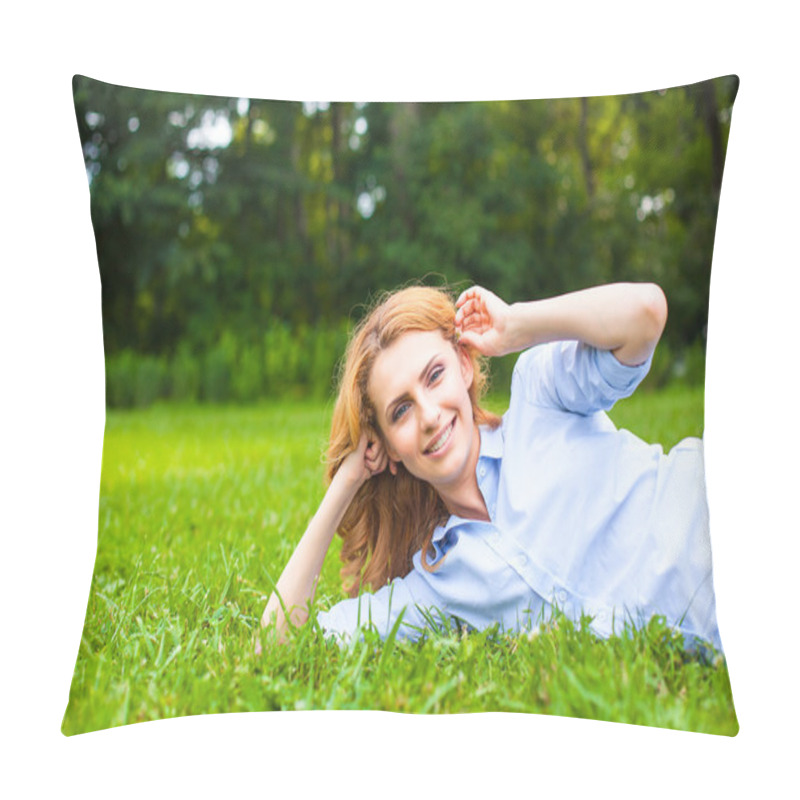 Personality  Beautiful Young Woman Relaxing In Grass Pillow Covers