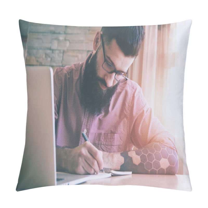 Personality  Bearded Man Working With Laptop  Pillow Covers