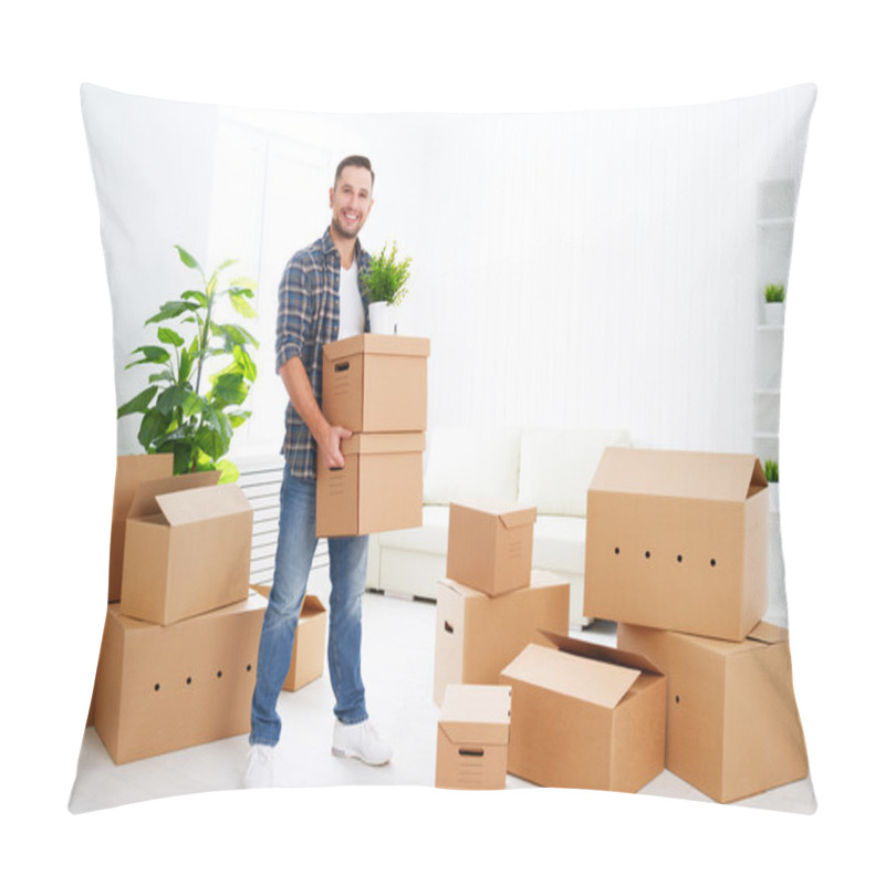 Personality  Moving To A New Apartment. Happy Man With Cardboard Boxes Pillow Covers