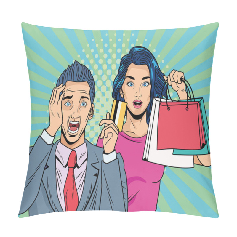 Personality  Couple With Shopping Bags And Credit Card Pop Art Style Pillow Covers