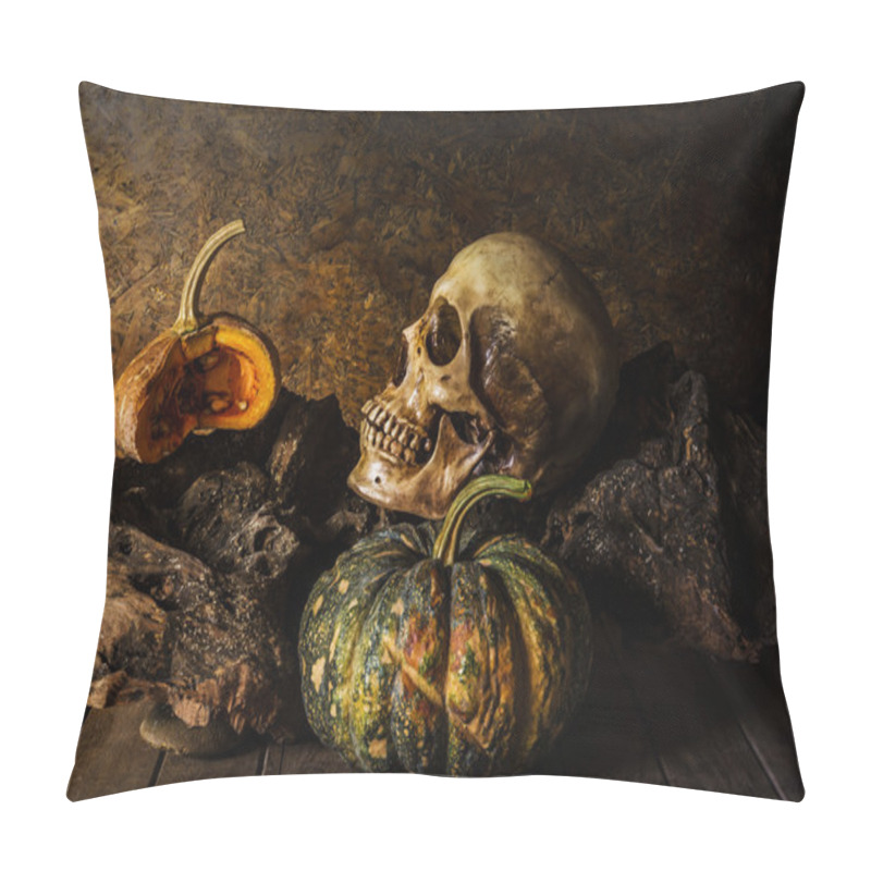 Personality  Still Life Skull And Pumpkin On The Timber. Pillow Covers