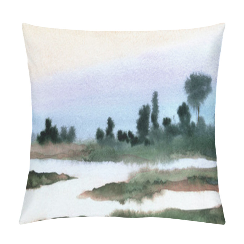 Personality  Watercolour Paint Sketch Silence Haze Scene. Wet Paper Backdrop Card Text Space. Hand Drawn Light Pink Color Cloudy Cool Quiet Misty Fall Fresh Valley Field Shrub Creek Bay Flood Artwork Scenic View Pillow Covers