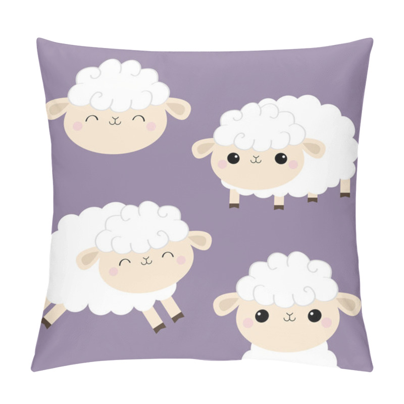 Personality  Sheep Lamb Face Head Icon Set. Cloud Shape. Jumping Animal. Cute Cartoon Kawaii Funny Smiling Baby Character. Nursery Decoration. Sweet Dreams. Flat Design. Violet Background. Pillow Covers