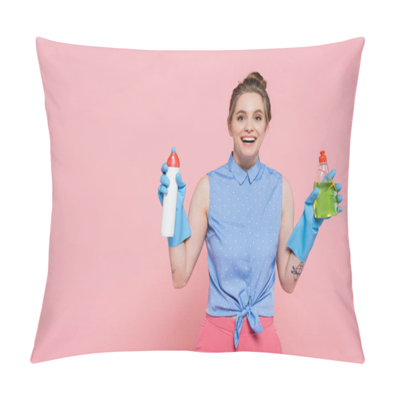 Personality  Excited Young Woman In Rubber Gloves Holding Air Freshener And Detergent Isolated On Pink  Pillow Covers