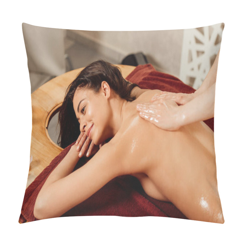 Personality  Attractive Smiling Woman Enjoying Ayurvedic Massage In Spa Center Pillow Covers