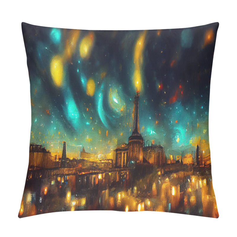 Personality  Drawing Digital Art. Galaxy Northern Lights Over Paris City, Cinematic Lighting, Van Gogh And Klimt Style. 3d Colorful Background Pillow Covers