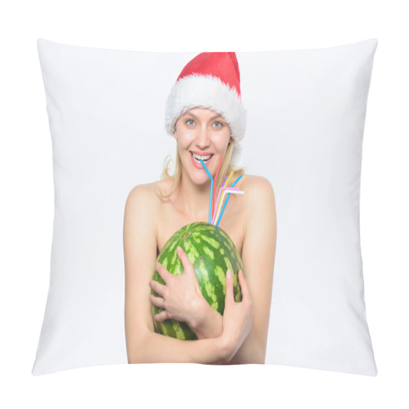 Personality  New Year And Christmas Concept. Exotic Christmas Holidays. Girl Attractive Naked Wear Santa Hat Hug Watermelon. Countries That Celebrate Christmas In Summer. Tips To Celebrate Summer Christmas Pillow Covers