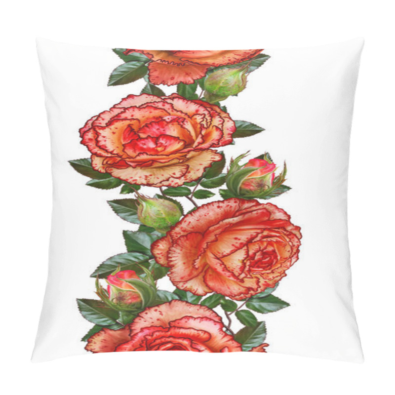 Personality  Vertical Floral Border. Pattern, Seamless. Flower Garlands Of Orange Bright Beautiful Roses, Green Leaves.Golden Weaving, Shiny Ornaments, Dark Velvet Background. Pillow Covers