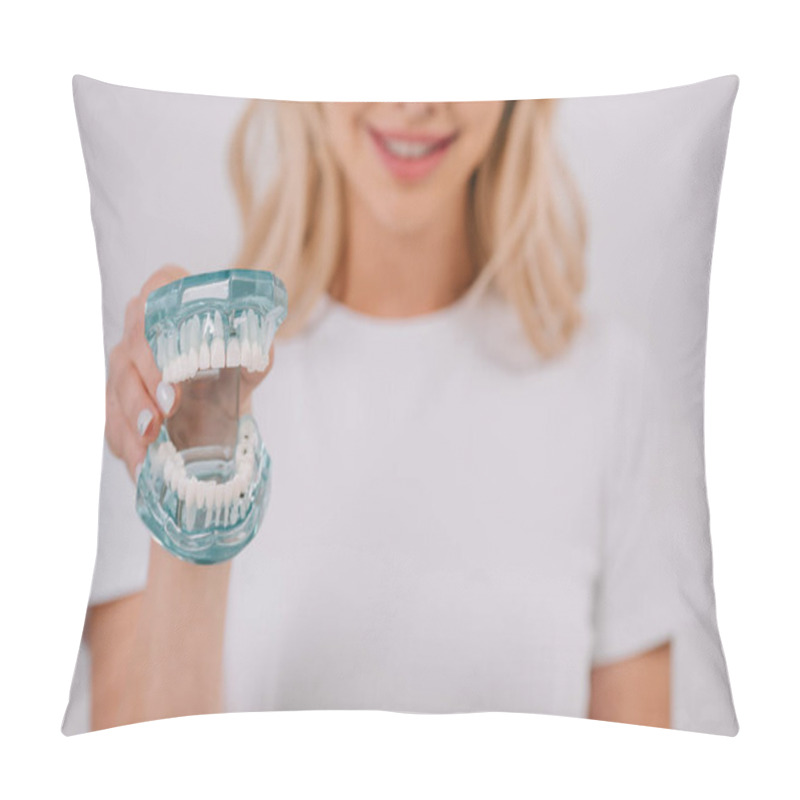 Personality  Selective Focus Of Jaw Model With Woman On Background Isolated On White With Copy Space Pillow Covers