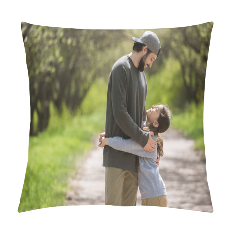 Personality  Side View Of Smiling Daughter Hugging Father In Park Pillow Covers