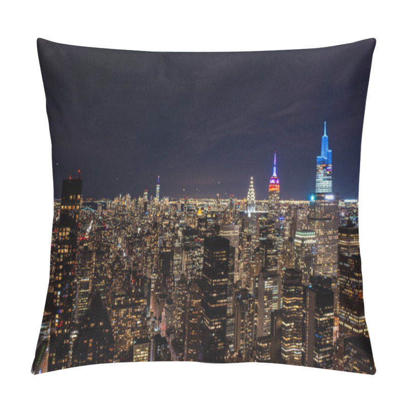 Personality  Lighted Windows In Modern Town Development. Panoramic View Of Downtown Skyscrapers At Night. Manhattan, New York City, USA. Pillow Covers