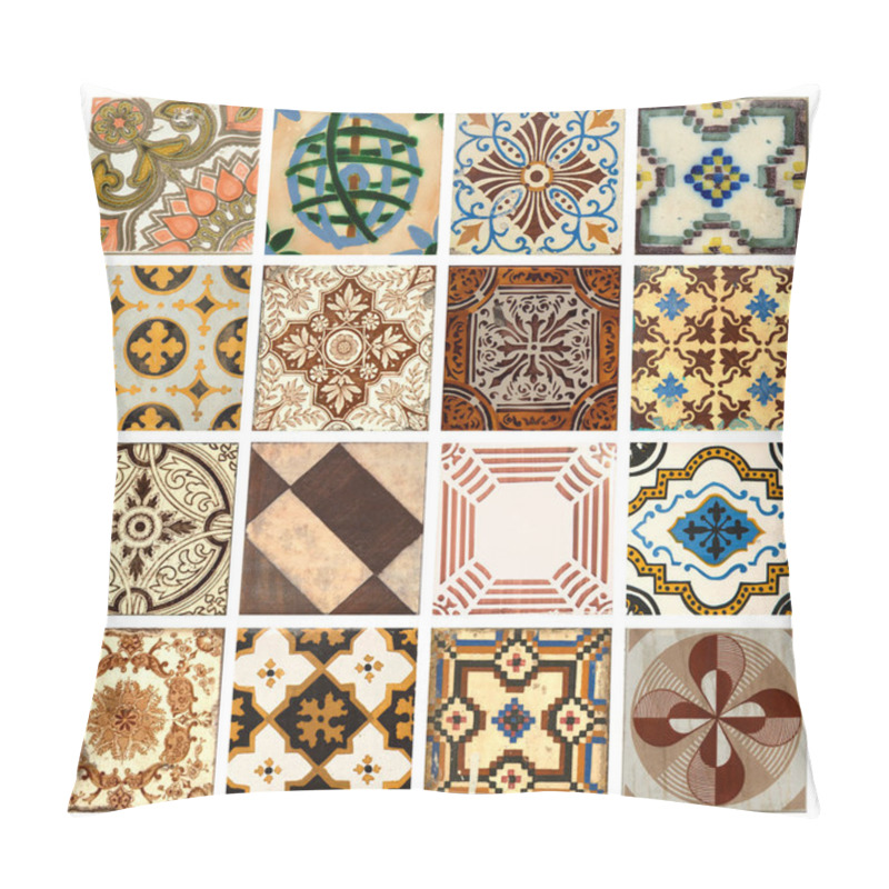 Personality  Photograph Of 16 Traditional Portuguese Tiles In Different Colours And Patterns Pillow Covers