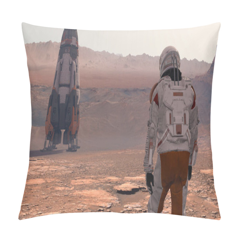 Personality  Astronaut Wearing Space Suit Walking On The Surface Of Mars. Exploring Mission To Mars. Futuristic Colonization And Space Exploration Concept. 3d Rendering Pillow Covers