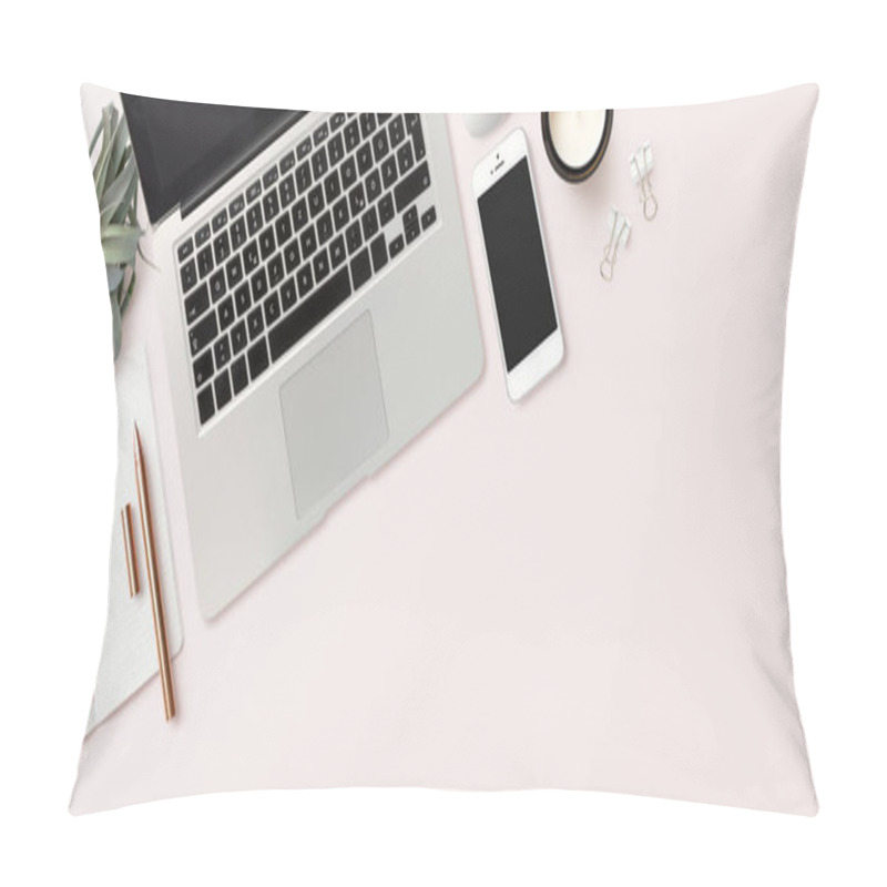 Personality  Modern Header / Hero Image Or Banner With Laptop Computer, Smartphone, Air Plant, Open Notebook And Feminine Accessories On A Bright Blush Background, Home Office Scene, Flat Lay / Top View Pillow Covers