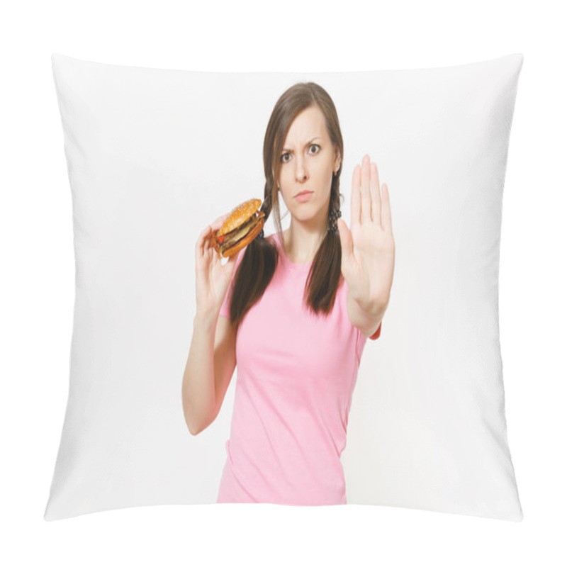 Personality  Young Strict Woman Showing Stop Gesture With Palm, Holding In Hands Burger Isolated On White Background. Proper Nutrition Or American Classic Fast Food. Copy Space For Advertisement. Advertising Area. Pillow Covers