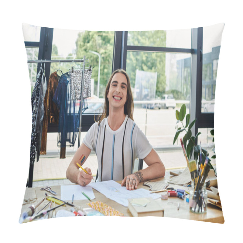 Personality  A Young Man Smiles As He Sketches Designs For His Clothing Restoration Atelier. Hes Surrounded By Discarded Garments Ready For A Second Life. Pillow Covers