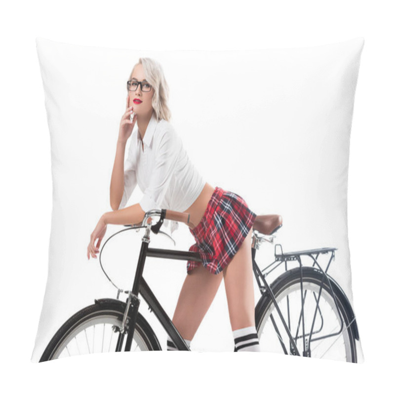 Personality  Seductive Young Woman On College Uniform Leaning On Bicycle Isolated On White Pillow Covers