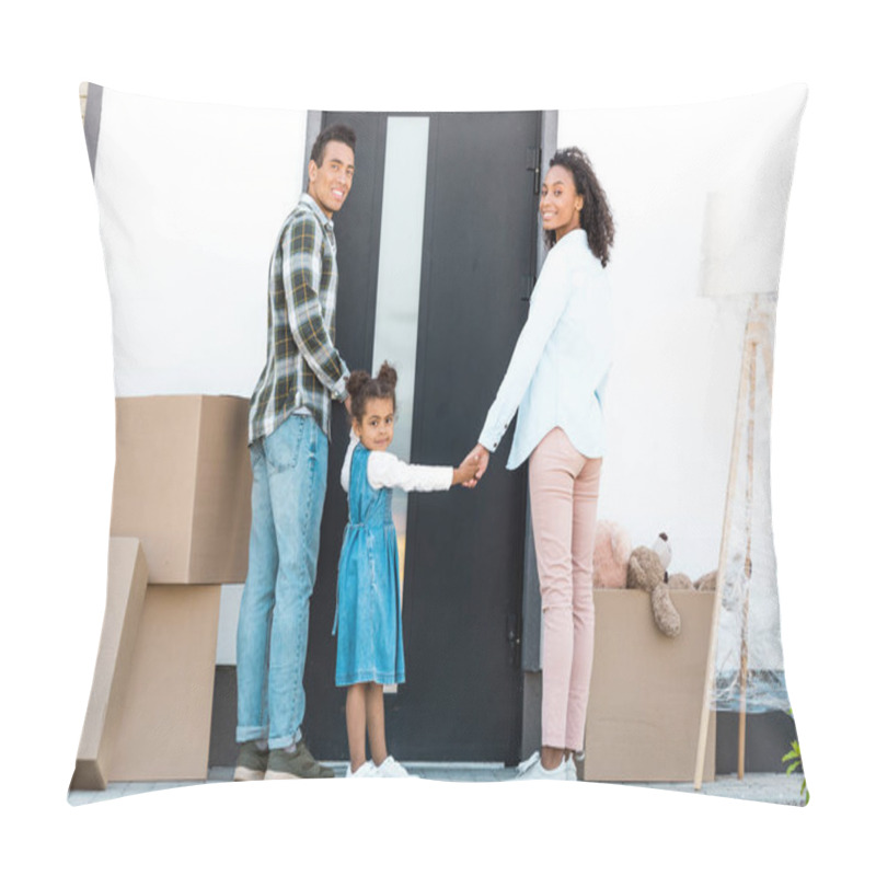 Personality  Full Length View Of African American Family Looking At Camera While Standing In Front Of Door Of New House  Pillow Covers