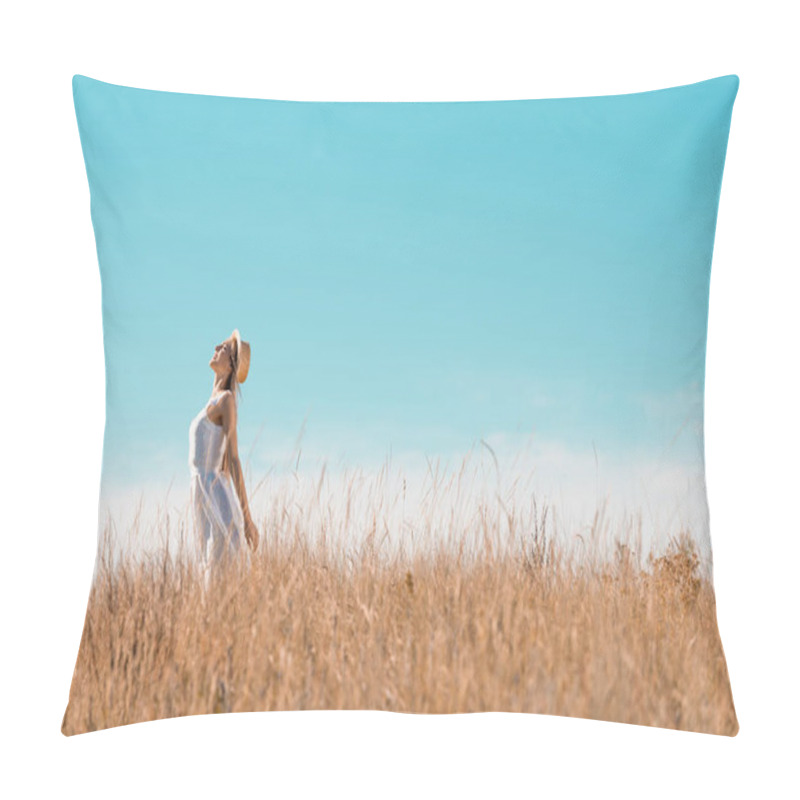 Personality  Selective Focus Of Young Woman In White Dress And Straw Hat Standing With Outstretched Hands And Raised Head Against Blue Sky Pillow Covers