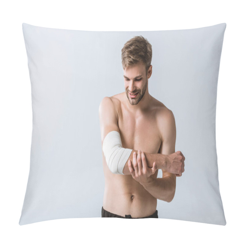 Personality  Shirtless Sportsman With Elastic Bandage On Elbow Isolated On Grey Pillow Covers