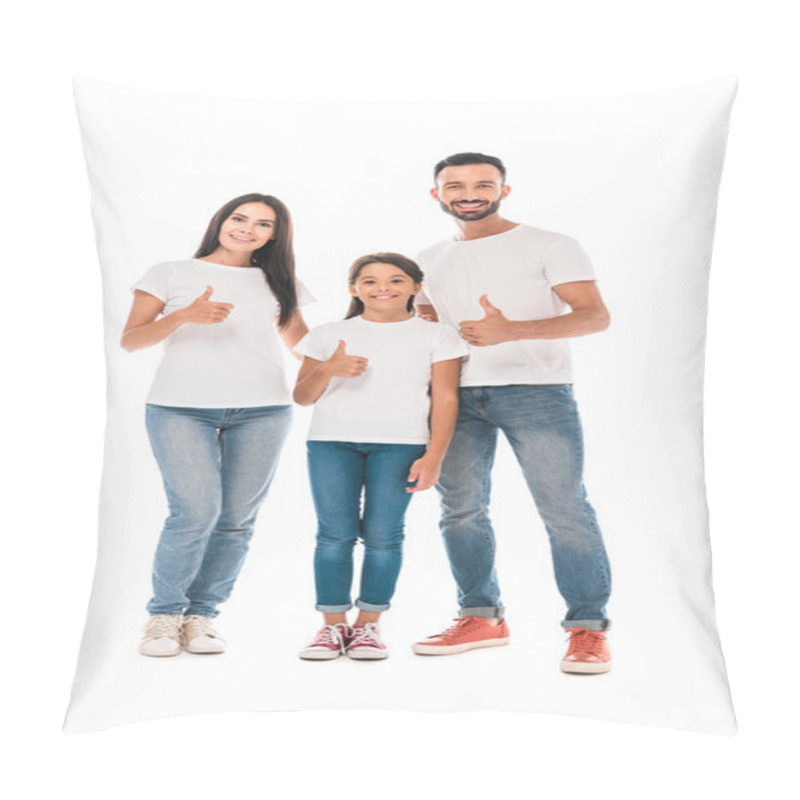 Personality  Happy Family Smiling While Showing Thumbs Up Isolated On White  Pillow Covers