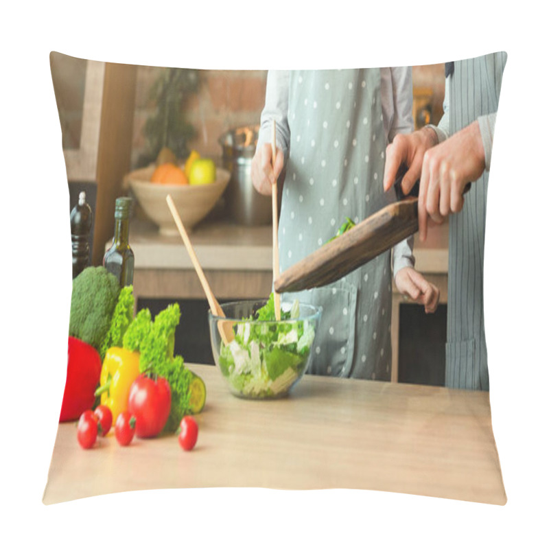 Personality  Family Cooking. Cheerful Dad And Little Daughter Preparing Healthy Lunch Together, Adding Vegetables To Salad, Caring Father Teaching Cute Girl How To Cook, Having Fun At Home Together, Copy Space Pillow Covers