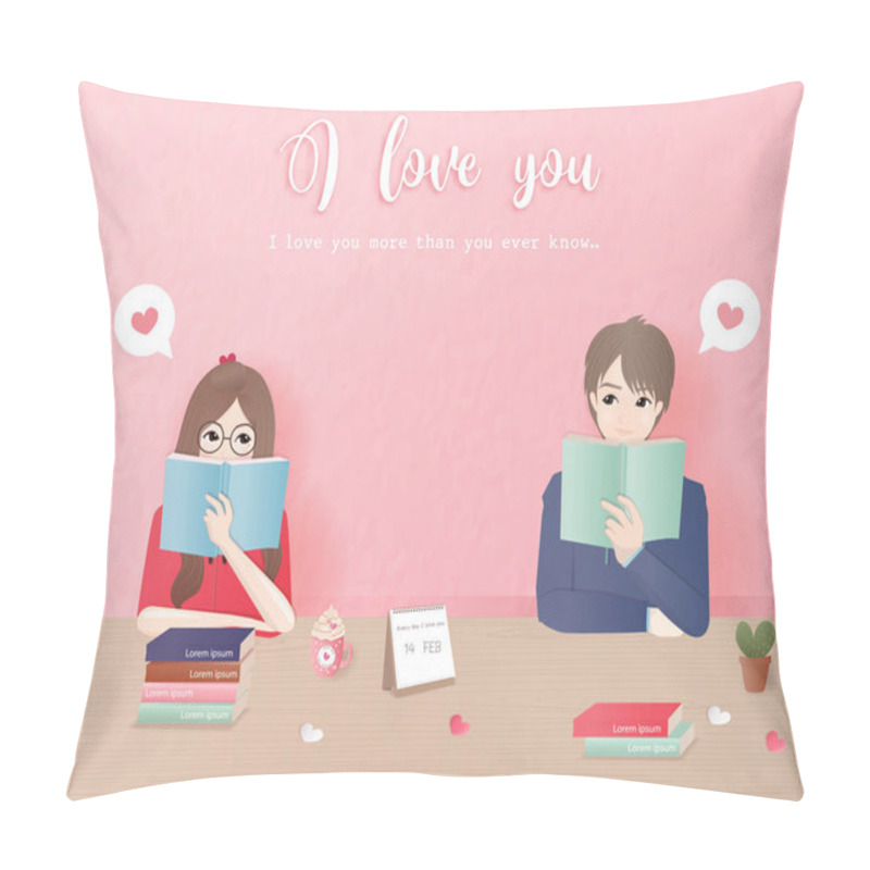 Personality  Character Design Love Concept With Couple Reading Books Together, Library In Love. Valentine's Day Card Vector Illustration.  Pillow Covers